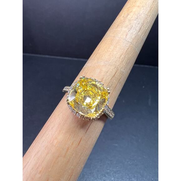 Yellow CZ halo ring in gold over sterling silver size 9 - Picture 8 of 16
